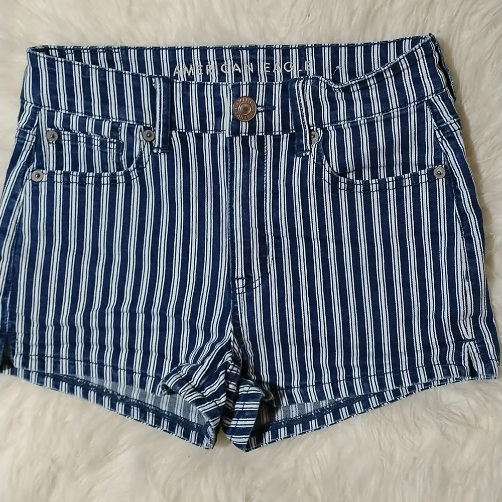 American Eagle Outfitters Navy and White Striped High-Rise Denim Shorts